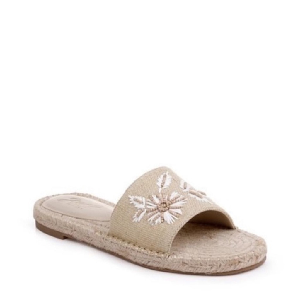 NEW Badgley Mischka Jewel Kyrene Espadrille Sandals Beaded Fabric Beige Tan - Picture 9 of 13
